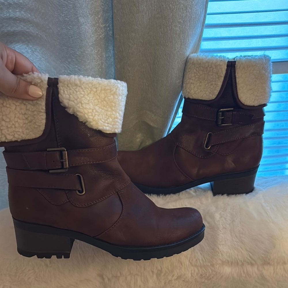 White Mountain Brown and Cream Winter Boots with Buckle Detail